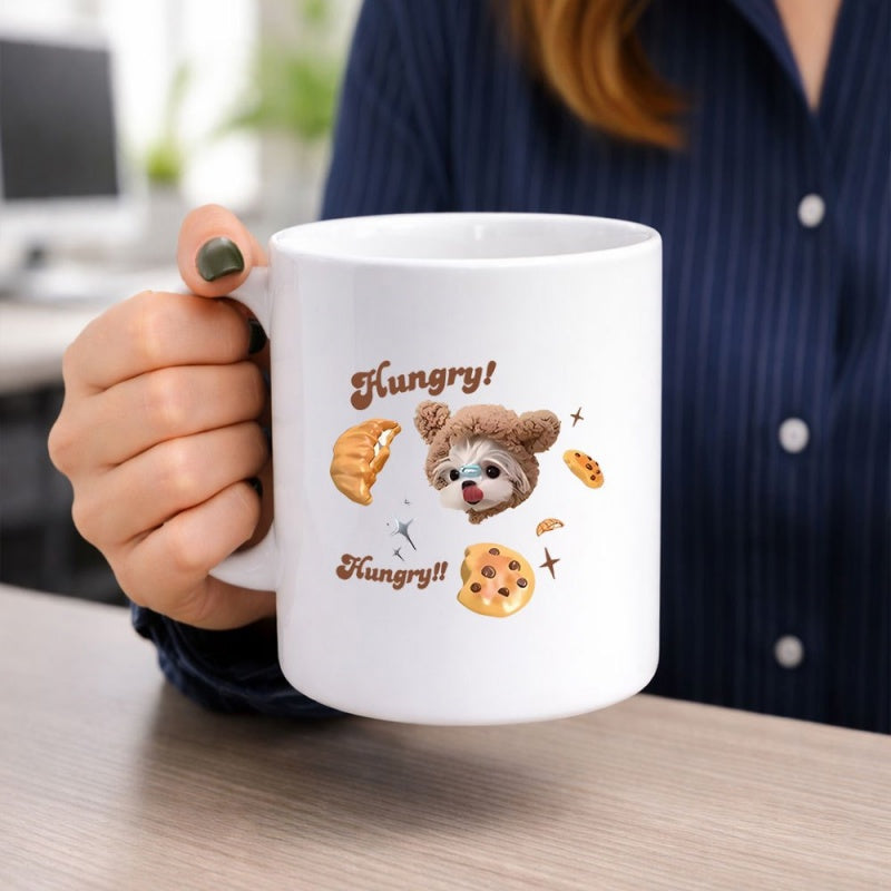 Tailorly White Ceramic 11 oz Mug - Hungry Little Dog In Bear Hat With Sweet Cookies And Pastries Dog