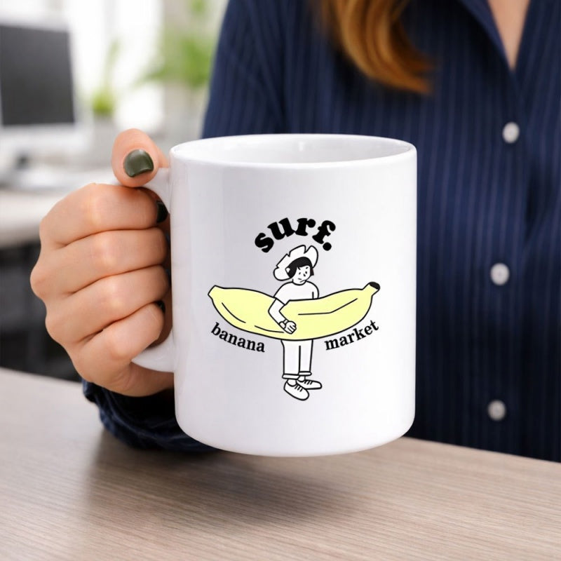 Tailorly White Ceramic 11 oz Mug - Surf Banana Market Simple Minimalist Line Drawing Of Person Carrying Huge Yellow Tropical Banana Character
