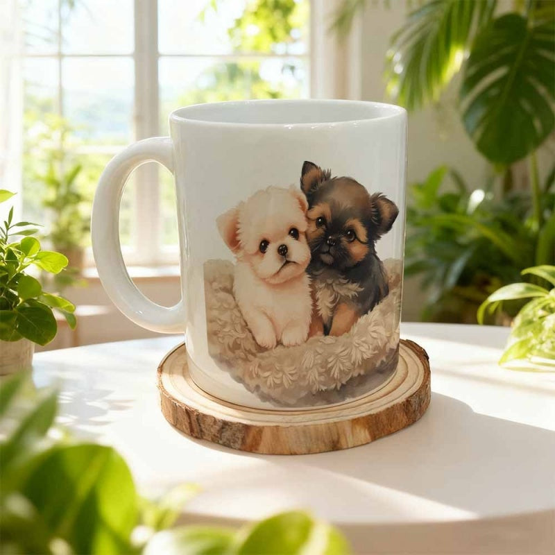 Tailorly White Ceramic 11 oz Mug - Two Adorable Small Puppies Sitting Together Resting On A Soft Fluffy Rug Dog