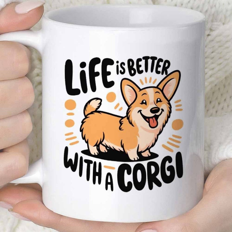 Tailorly White Ceramic 11 oz Mug - Life Is Better With A Corgi Happy Cartoon Pup Standing Amidst Vibrant Orange Decorative Dots And Lines Corgi