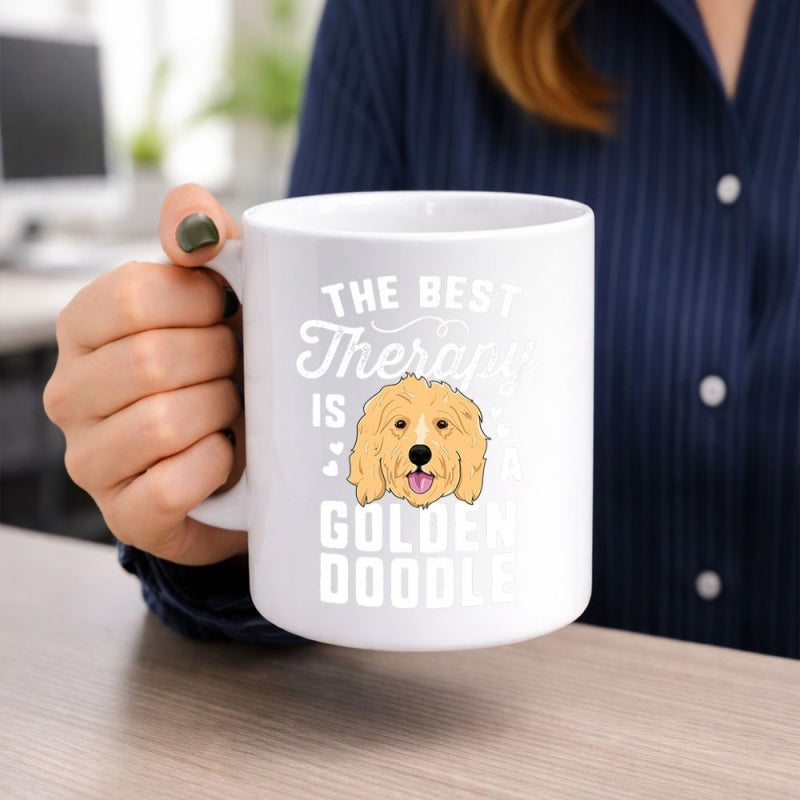 Tailorly White Ceramic 11 oz Mug - The Best Therapy Is Goldendoodle Adorable Fluffy Cartoon Puppy Face Featuring Tiny Sweet Hearts Dog