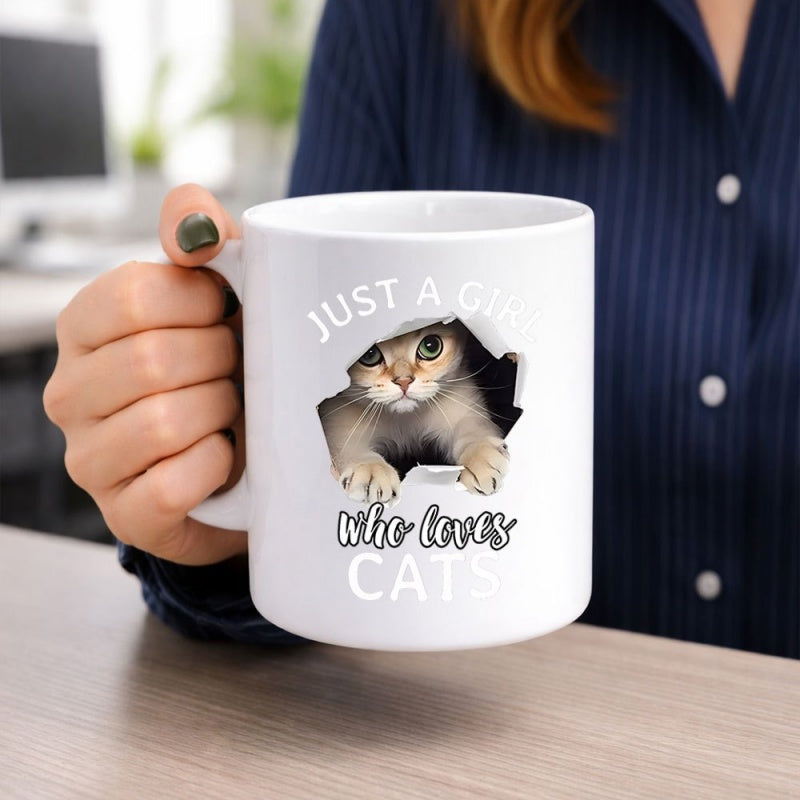 Tailorly White Ceramic 11 oz Mug - Just A Girl Who Loves Cats Adorable Tabby Peeking Through Torn Paper Hole Effect Realistic Cat