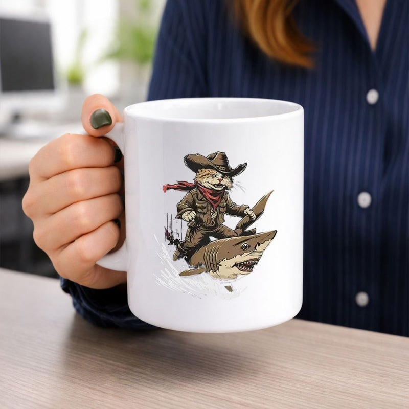Tailorly White Ceramic 11 oz Mug - Adventurous Cartoon Cat Riding A Fierce Great White Ocean Shark