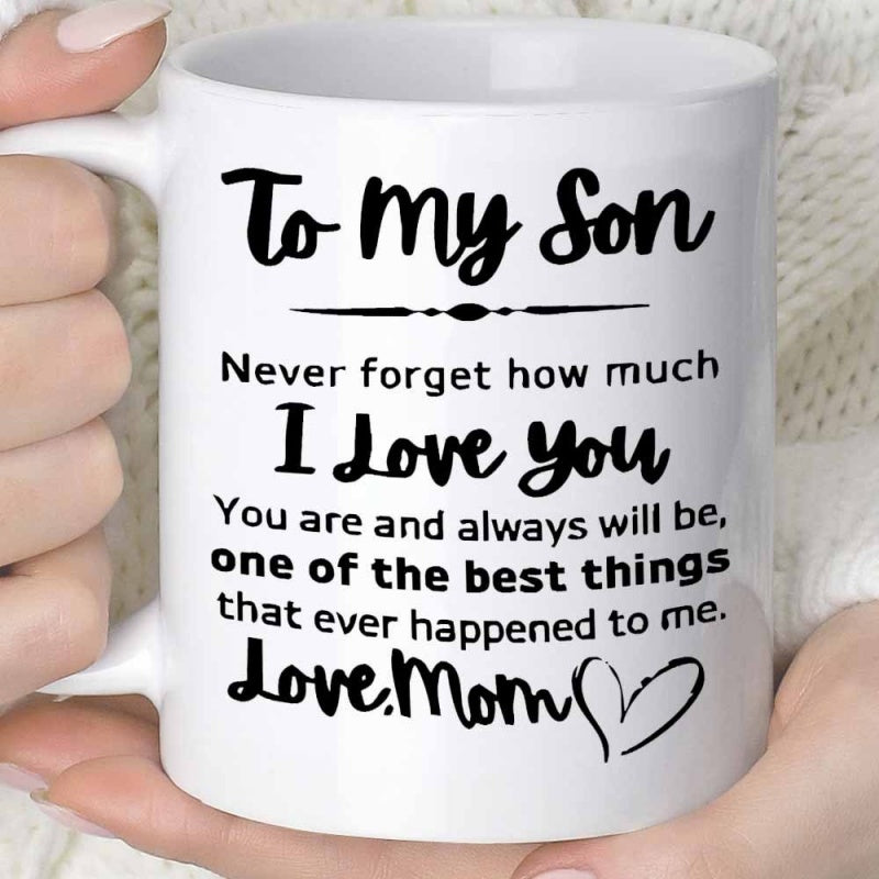 Tailorly White Ceramic 11 oz Mug - To My Son Never Forget How Much I Love You Love Mom Simple Minimalist Artistic Black Ink Drawing Heart