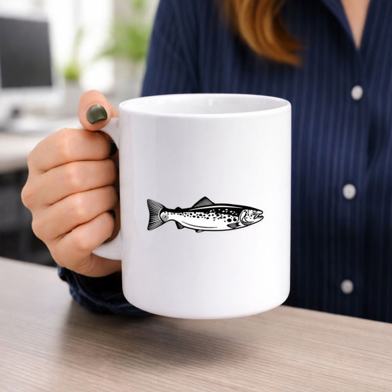 Tailorly White Ceramic 11 oz Mug - Minimalist Black And White Sketch Representing A Realistic Swimming Salmon Fish