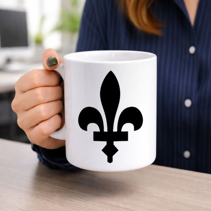 Tailorly White Ceramic 11 oz Mug - Elegant Symmetrical Black Heraldic Symbol With A Classic Historical Royal Fleur De Lis