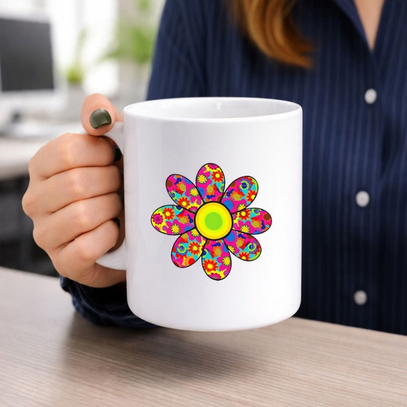 Tailorly White Ceramic 11 oz Mug - Vibrant Retro Style Colorful Patterned Petals Bloom Floating On White Surface Flower
