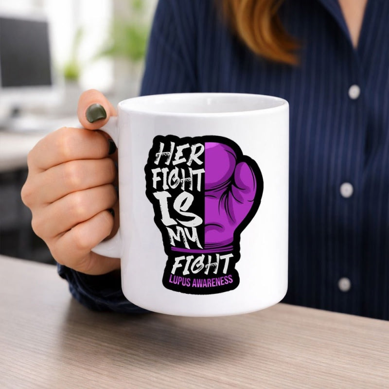 Tailorly White Ceramic 11 oz Mug - Her Fight Is My Fight Lupus Awareness Powerful Purple Boxing Glove Representing Courage Support And Chronic Illness Healing