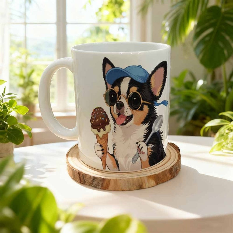 Tailorly White Ceramic 11 oz Mug - Adorable Cartoon Chihuahua Wearing A Blue Cap And Sunglasses Holding Ice Cream Dog