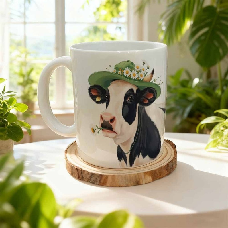 Tailorly White Ceramic 11 oz Mug - Whimsical Countryside Animal Wearing Green Floral Hat With Small Daisies Cow