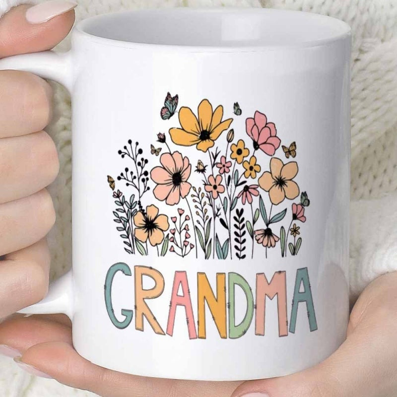 Tailorly White Ceramic 11 oz Mug - Grandma Beautiful Hand Drawn Wildflowers With Delicate Butterflies In Vintage Pastel Colors Wildflower
