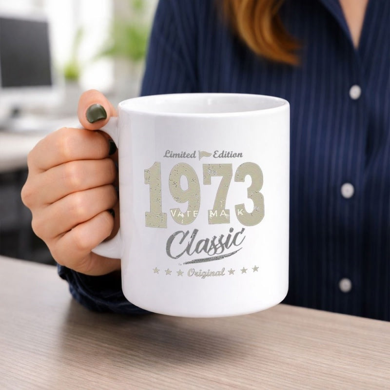Tailorly White Ceramic 11 oz Mug - Limited Edition 1973 Classic Original Vintage Retro Style Typography Design On A Pure