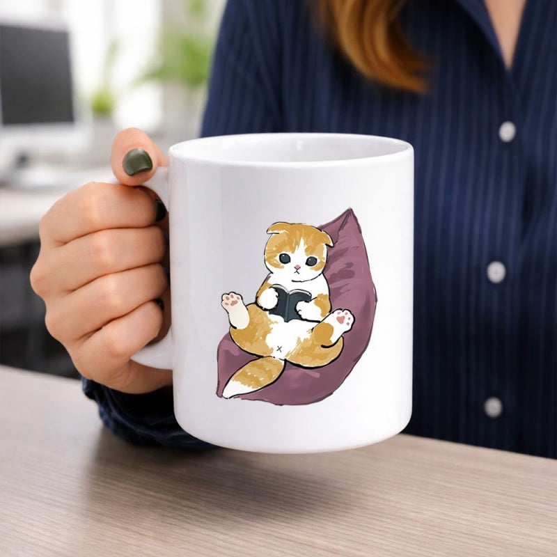Tailorly White Ceramic 11 oz Mug - Adorable Ginger White Cat Sitting On Purple Cushion Holding Tablet Device Cat