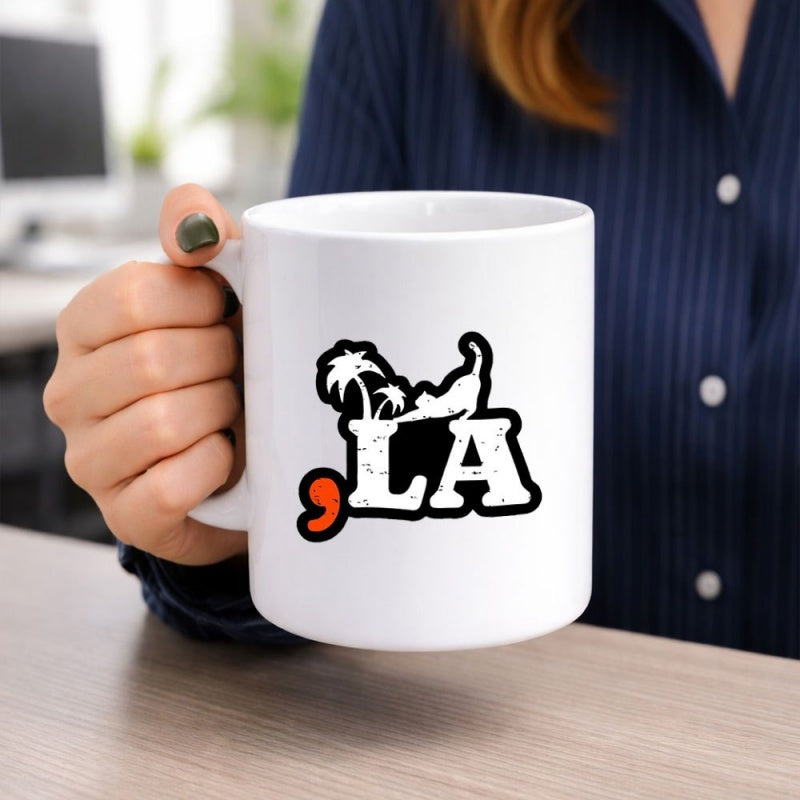 Tailorly White Ceramic 11 oz Mug - LA Tropical Palm Trees And Stretching Cat Silhouette Under Summer Skies Cat