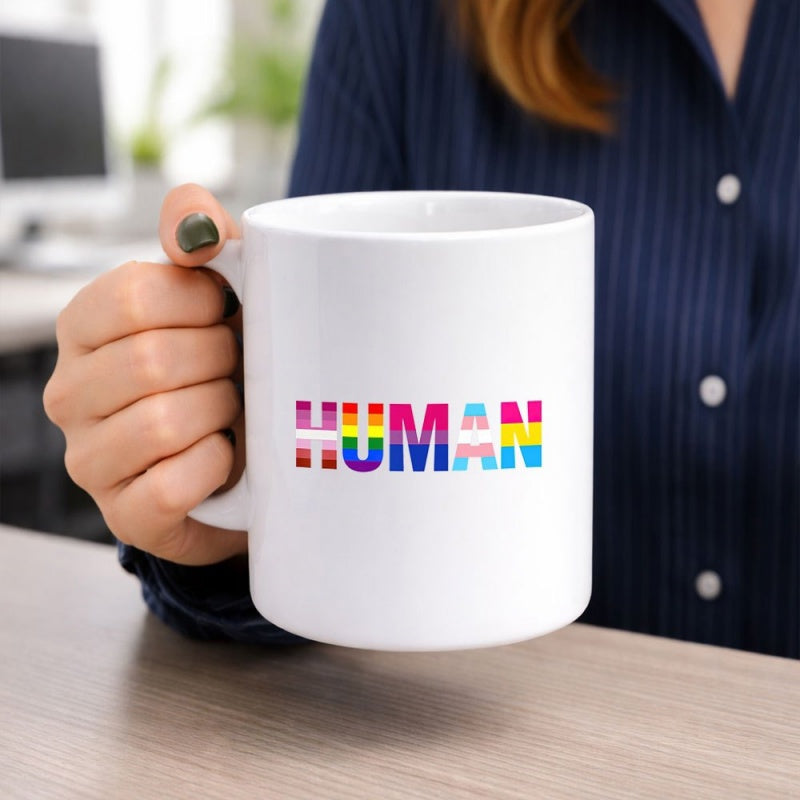 Tailorly White Ceramic 11 oz Mug - Human Vibrant Pride Flag Patterns Filled Inside Bold Block Typography Art