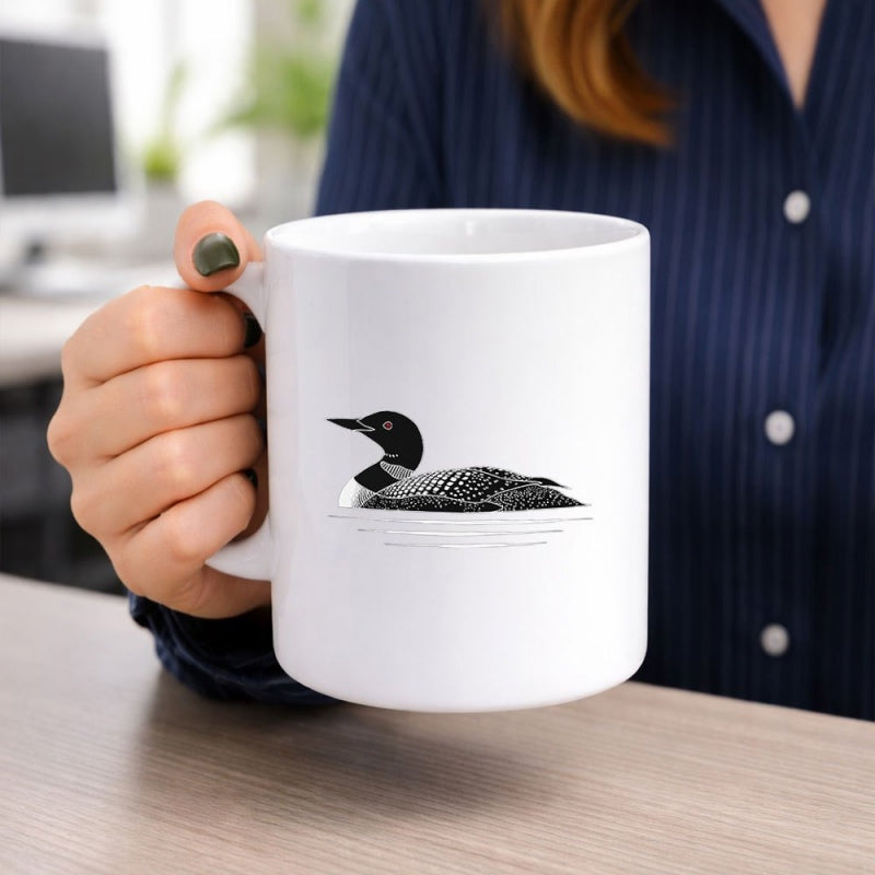 Tailorly White Ceramic 11 oz Mug - Peaceful Wilderness Scene With Swimming Bird Gliding On Calm Lake Water Loon