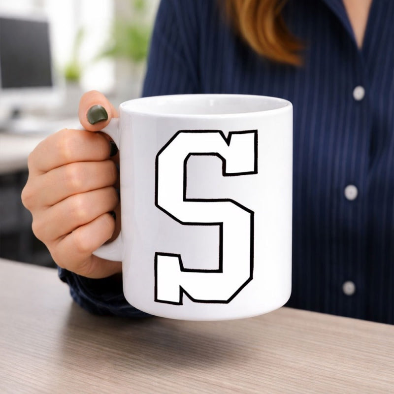 Tailorly White Ceramic 11 oz Mug - S Bold Varsity Style Block Design With Clean Black Outlined Edges Letter