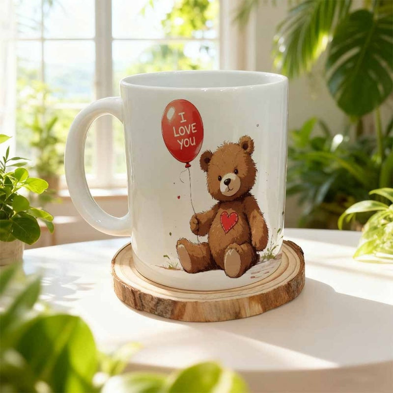 Tailorly White Ceramic 11 oz Mug - I Love You Adorable Brown Teddy Bear Holding A Red Heart Balloon Sitting Teddy Bear