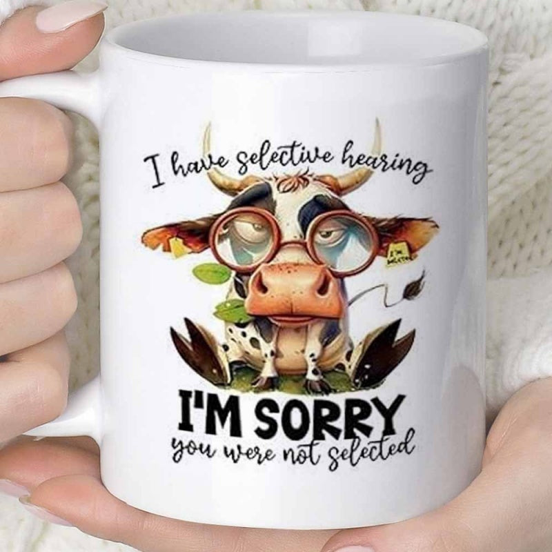 Tailorly White Ceramic 11 oz Mug - I Have Selective Hearing Im Sorry You Were Not Selected Whimsical Hand Drawn Style Sitting Among Green Leaves Wearing Glasses