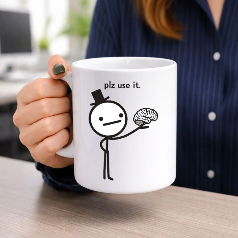 Tailorly White Ceramic 11 oz Mug - Plz Use It Simple Minimalist Character Wearing Elegant Top Hat Holding Human Brain Stick Figure