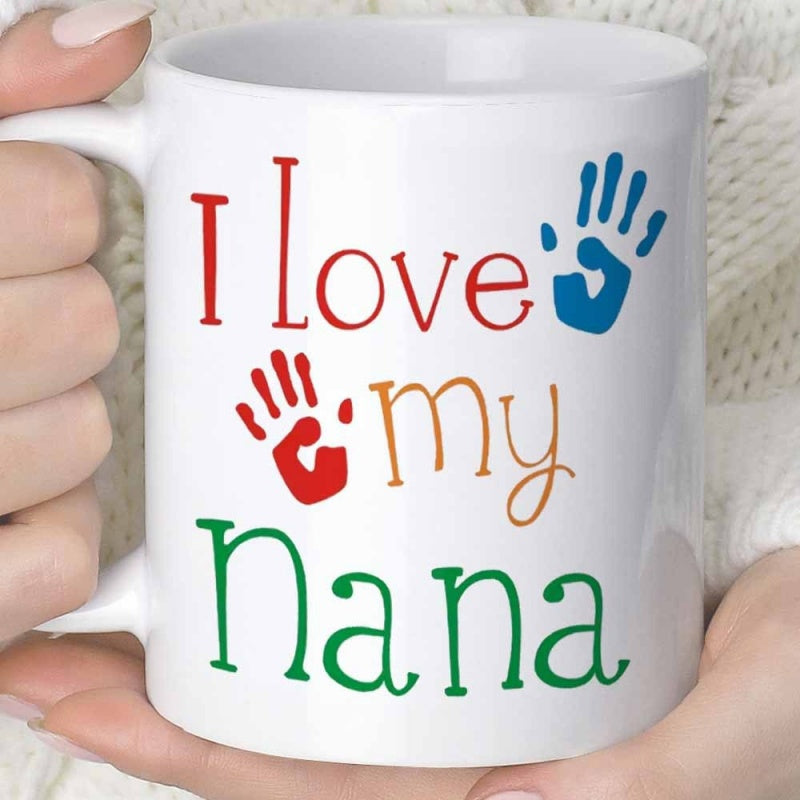 Tailorly White Ceramic 11 oz Mug - I Love My Nana Vibrant Red And Blue Handprints Among Multi Colored Script Letters Mug
