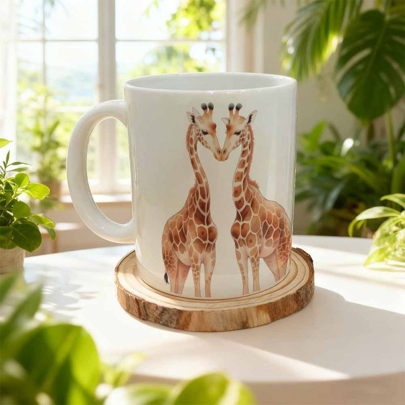 Tailorly White Ceramic 11 oz Mug - Artistic Watercolor Style Two Spotted Animals Standing Gently Facing Each Other Giraffes