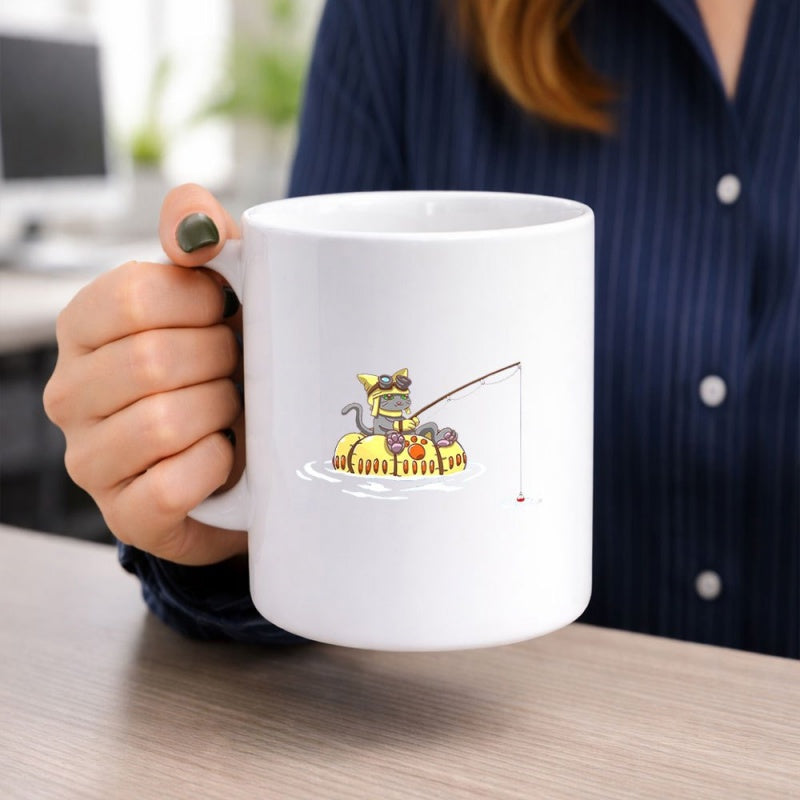 Tailorly White Ceramic 11 oz Mug - Whimsical Gray Cat Fishing While Floating Upon A Bright Yellow Raft Cat