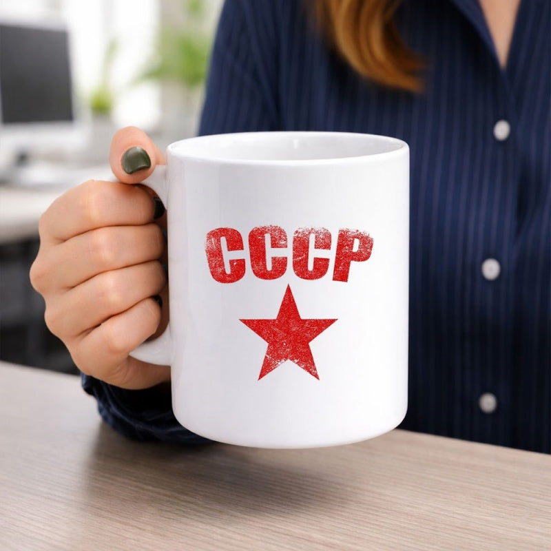Tailorly White Ceramic 11 oz Mug - CCCP Distressed Vintage Red Star Printed On A Classic