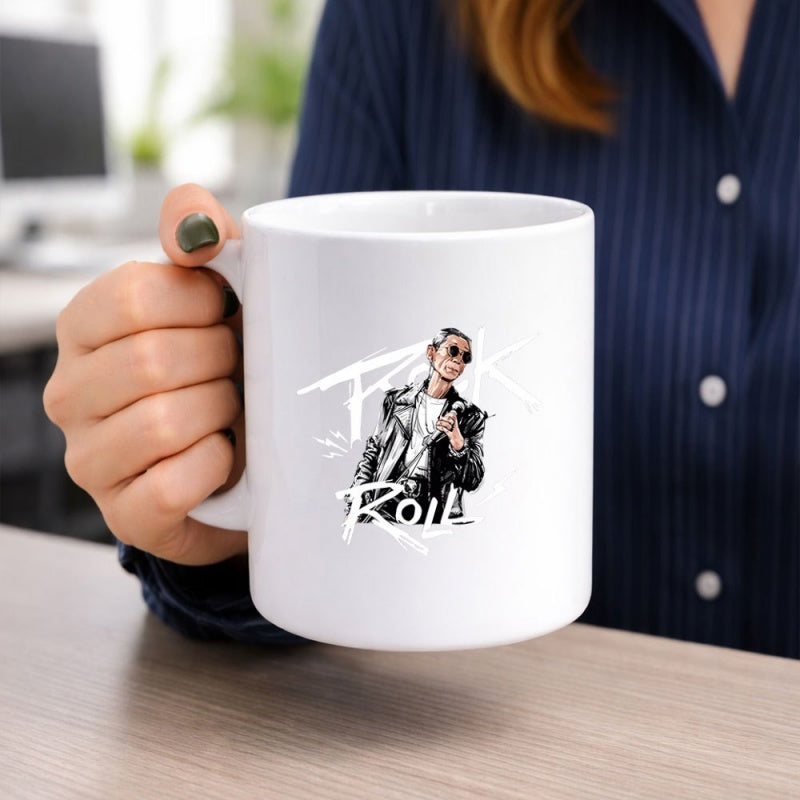 Tailorly White Ceramic 11 oz Mug - Rock Roll Cool Illustrated Girl Wearing Black Leather Jacket And Sunglasses Rocker