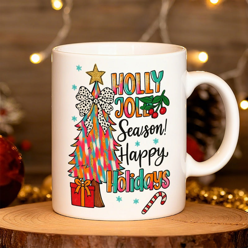 Tailorly White Ceramic 11 oz Mug - colorful christmas ornaments candy canes