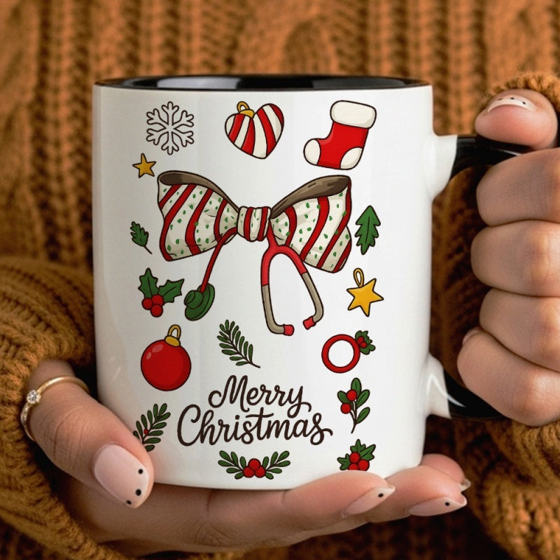 Tailorly Black Accent 11 oz Mug - red bow snowflake stocking merry christmas lettering candy cane