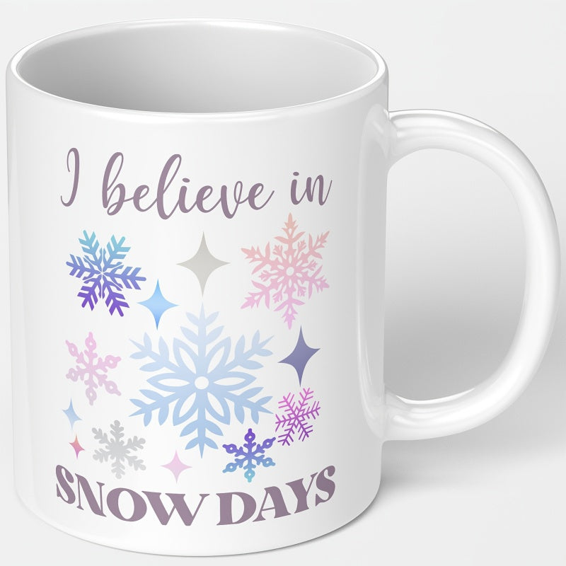 Tailorly White Ceramic 11 oz Mug - believe in with a purple snowflake pattern