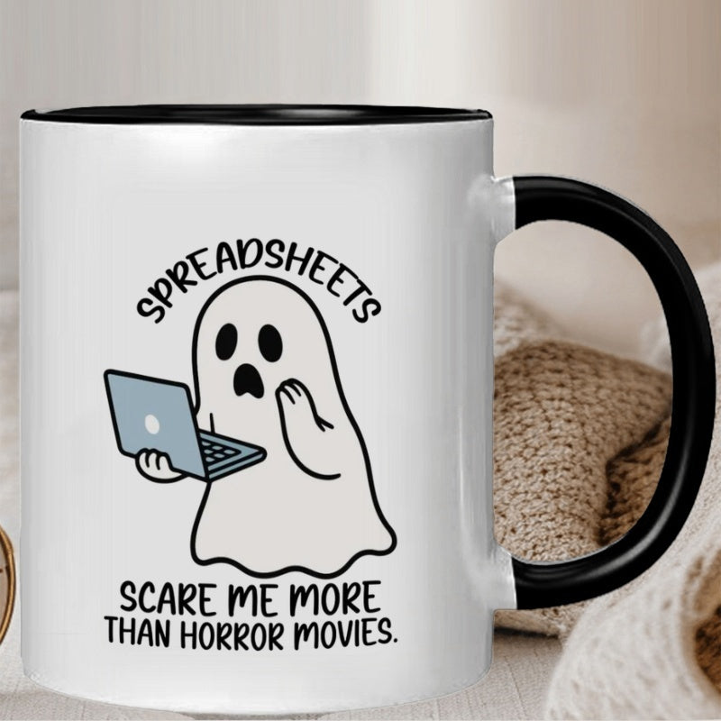 Tailorly Black Accent 11 oz Mug - funny spreadsheet scare design with spooky office humor and spreadsheet patterns