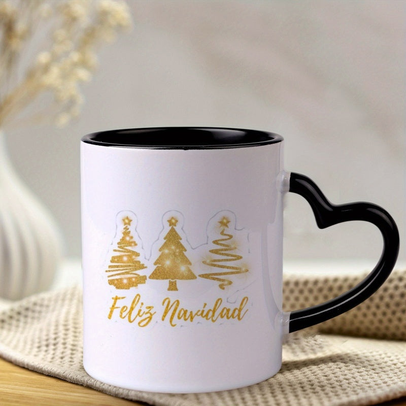Tailorly Black Accent 11 oz Mug - 1pc 11 oz ceramic mug with heart shaped handle golden christmas tree coffee mug tea cup with glitter golden christmas