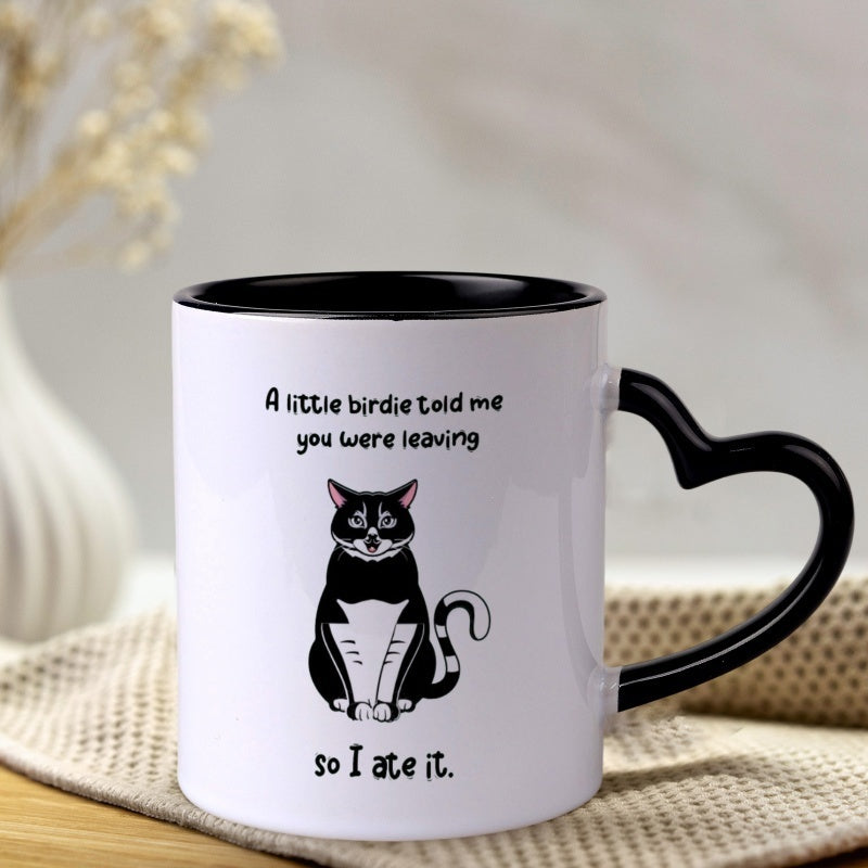 Tailorly Black Accent 11 oz Mug - heart shaped handle black and white cat pattern