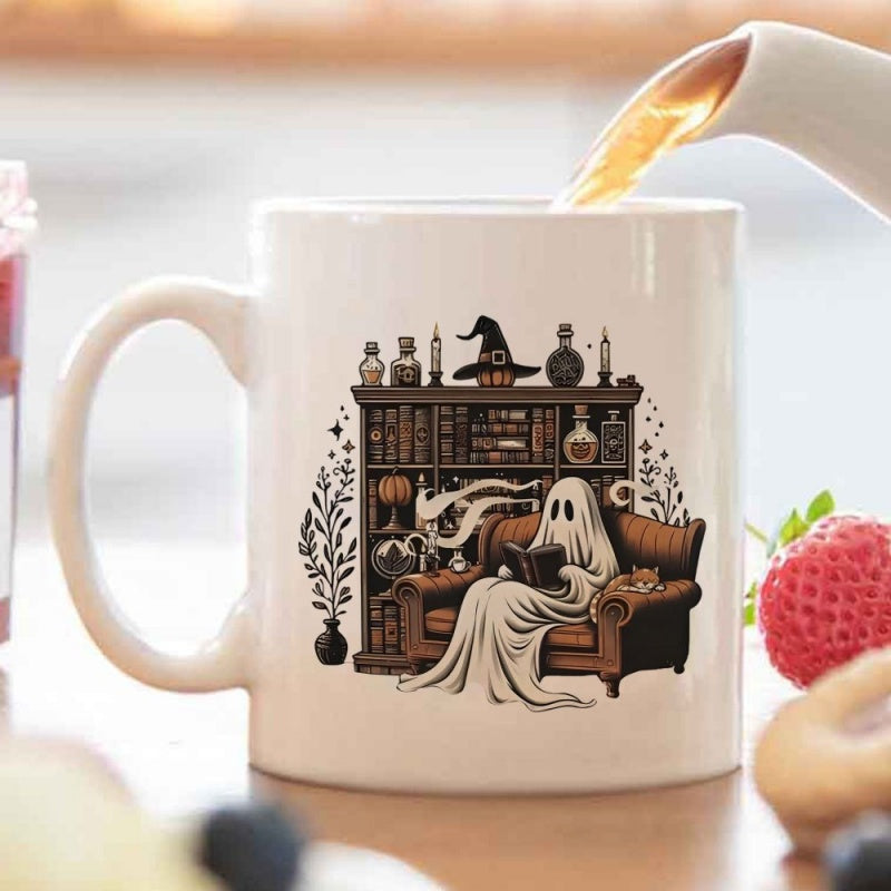 Tailorly White Ceramic 11 oz Mug - vintage gothic witch with bats candles book