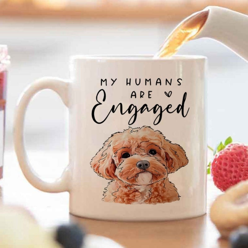 Tailorly White Ceramic 11 oz Mug - cute doodle my humans are engaged design bride groom puppy
