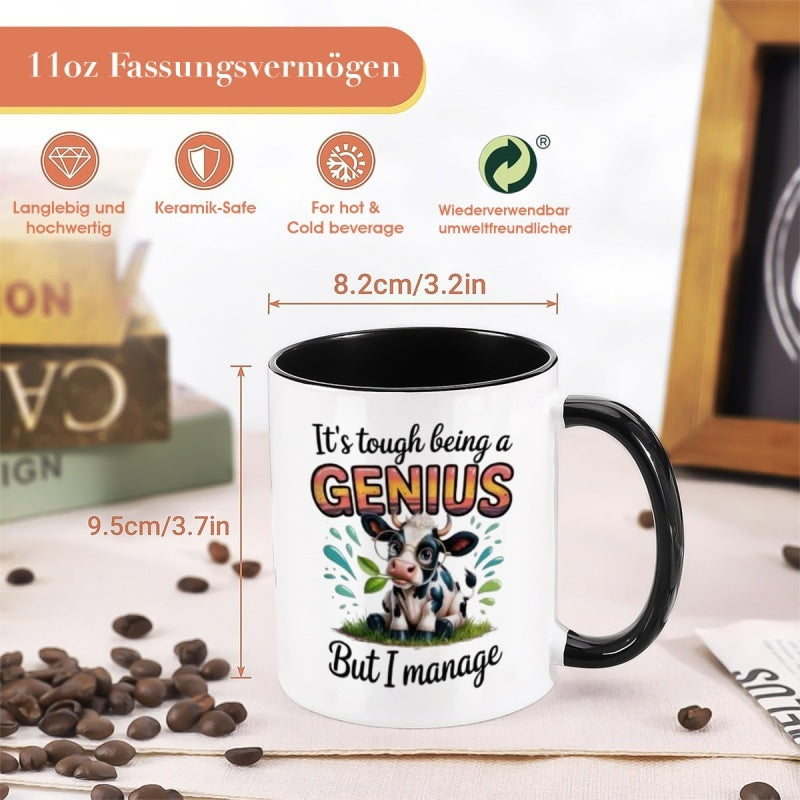 Tailorly Black Accent 11 oz Mug - funny cow with text "it's tough being a but I manage"