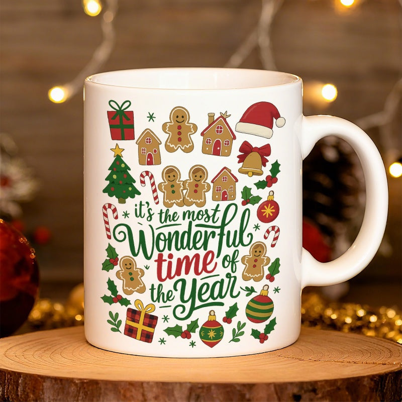 Tailorly White Ceramic 11 oz Mug - christmas gingerbread house tree festive winter patterns