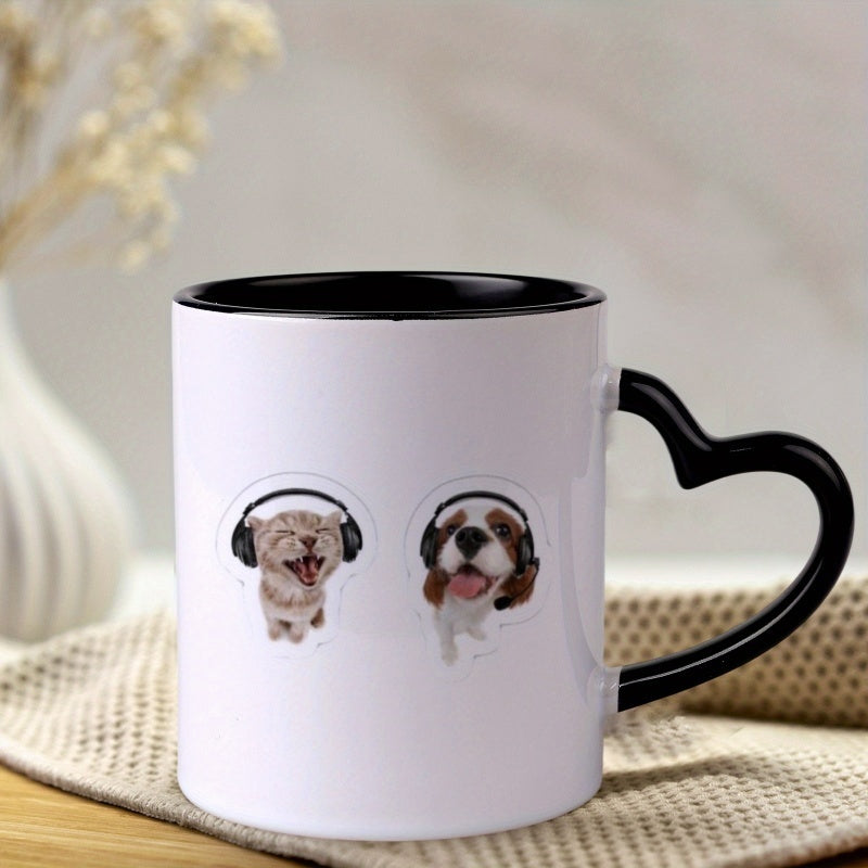 Tailorly Black Accent 11 oz Mug - 1pc 11oz ceramic mug with heart shaped handle cute cat wearing headphones design music themed coffee tea cup for pet