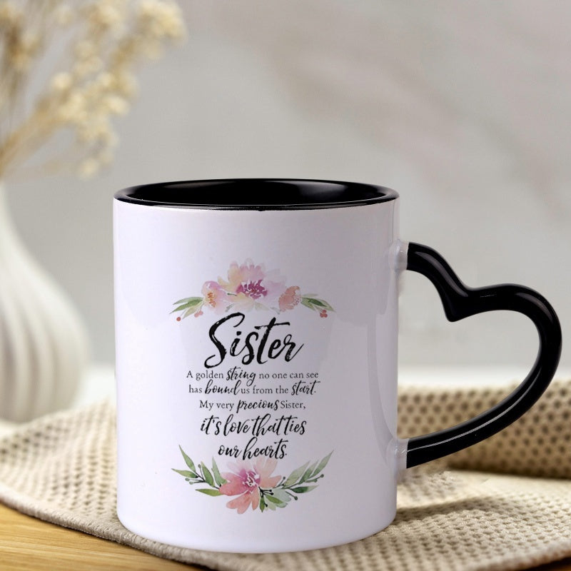 Tailorly Black Accent 11 oz Mug - heart shaped handle elegant sister quote pink white watercolor