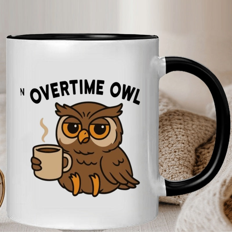 Tailorly Black Accent 11 oz Mug - owl holding coffee cartoon
