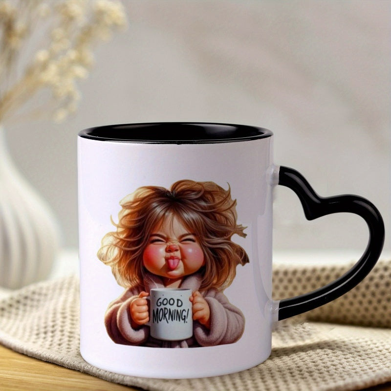Tailorly Black Accent 11 oz Mug - 1pc funny mug with cute girl heart handle 11oz white ceramic coffee cup with black interior unique curly ideal