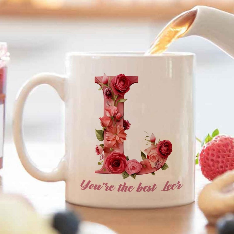 Tailorly White Ceramic 11 oz Mug - pink floral monogram l initial