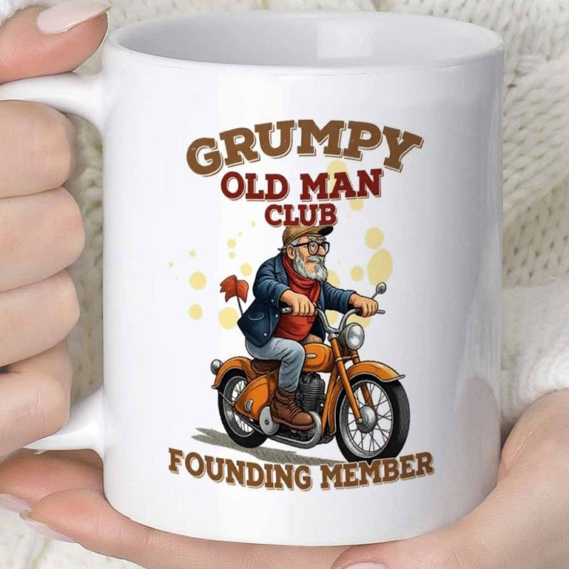 Tailorly White Ceramic 11 oz Mug - old man motorcycle club text and motorcycle illustration