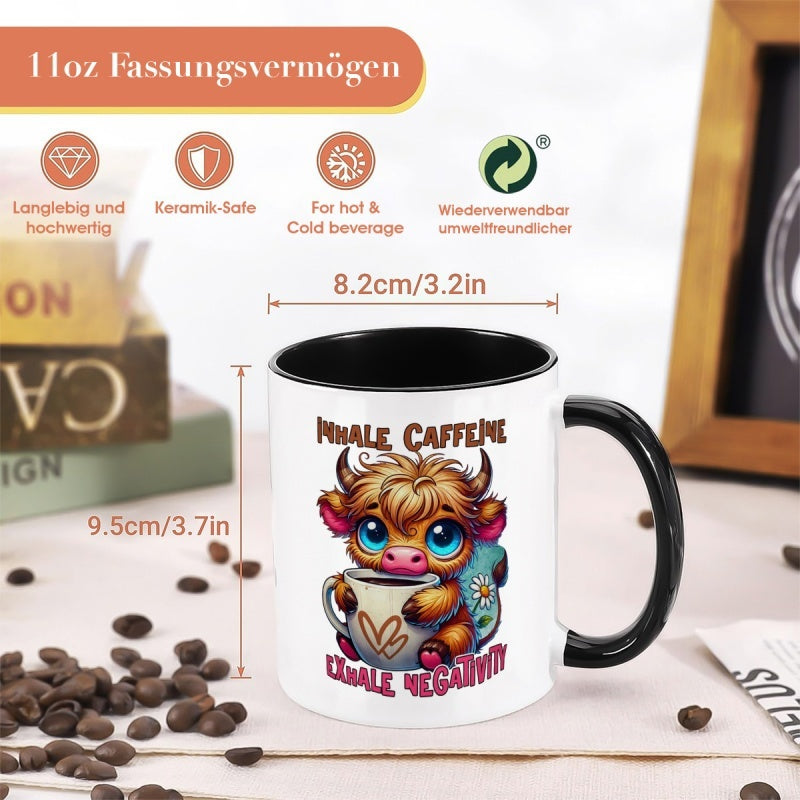 Tailorly Black Accent 11 oz Mug - cute scottish highland cow and mule illustrations with "again scottish slang again" text