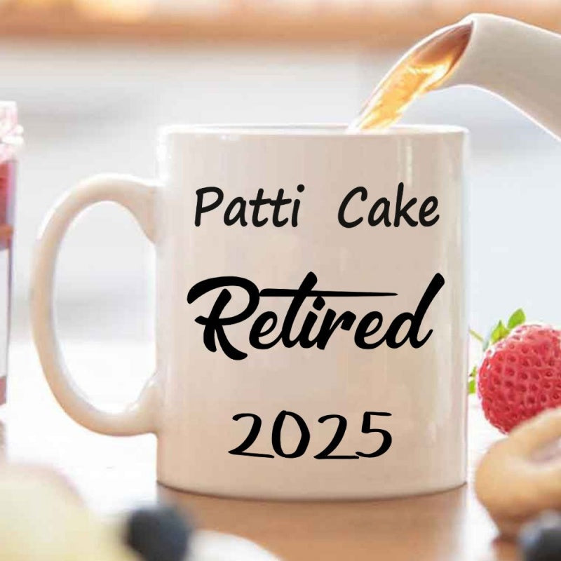Tailorly White Ceramic 11 oz Mug - 2025 retired cake with text "2025 retired"