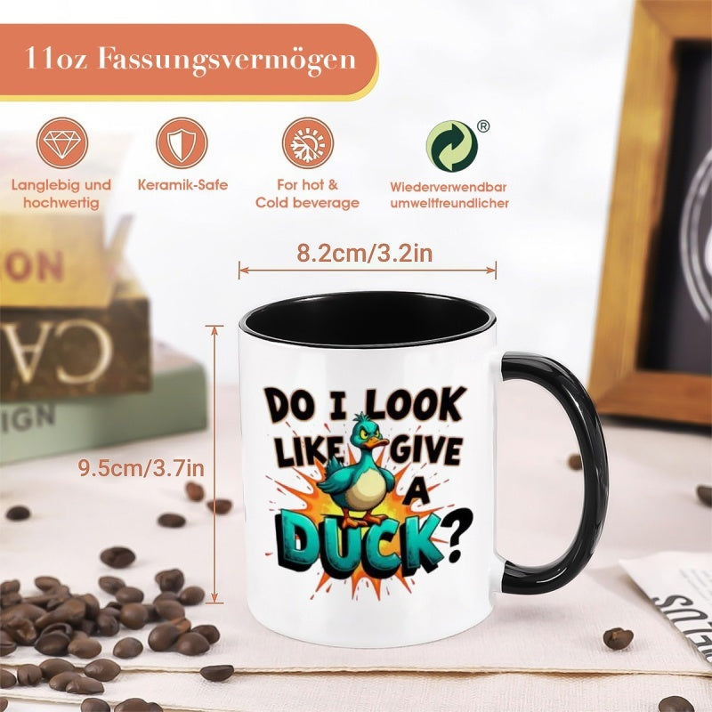Tailorly Black Accent 11 oz Mug - "do i give a duck" text with duck illustration