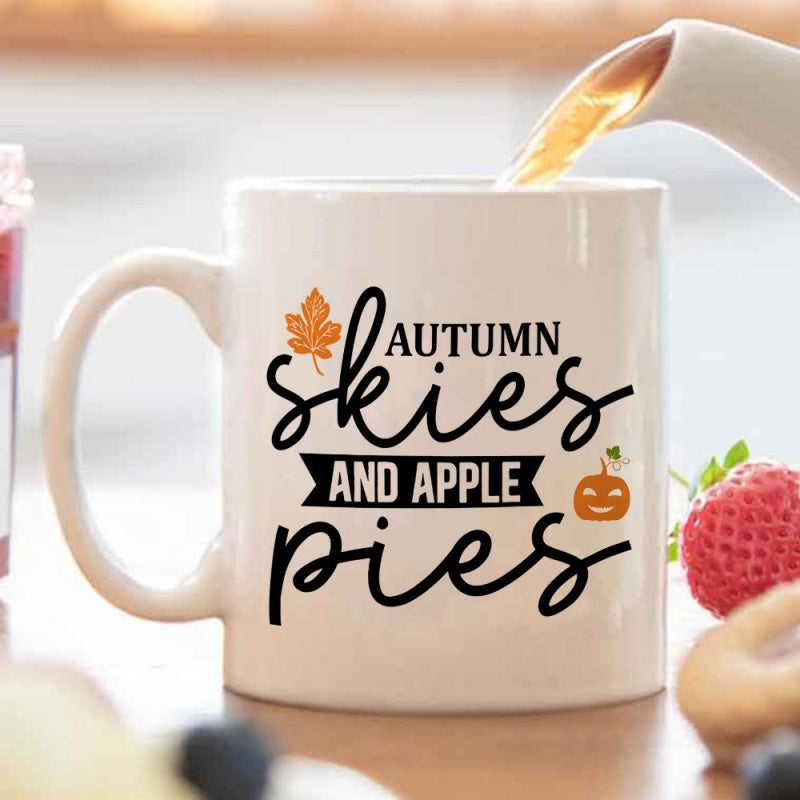 Tailorly White Ceramic 11 oz Mug - autumn sky with fall leaves and pie chart pattern