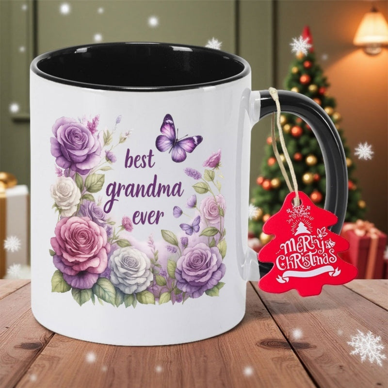 Tailorly Black Accent 11 oz Mug - best grandma ever ceramic coffee mug cute grandma grandchild photo mug non slip tea coffee cup for christmas birthday